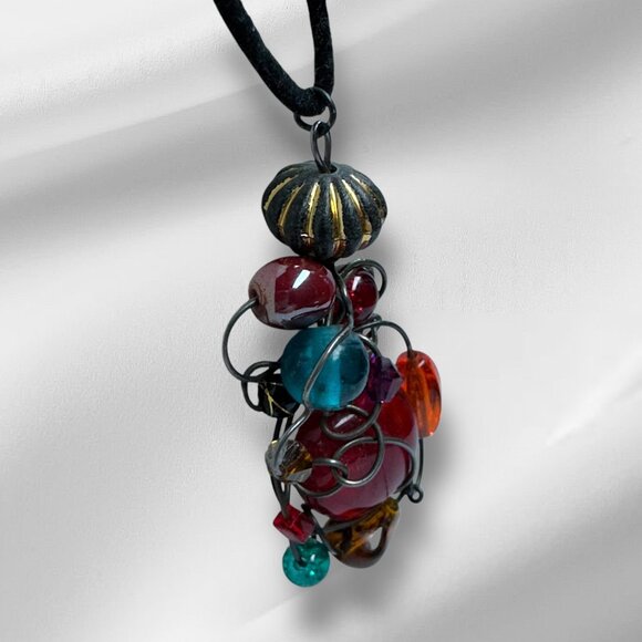 Metal Wire Wrap Multicolour Acrylic Beads Pendant Necklace Black Rope 18 inches - Picture 4 of 7
